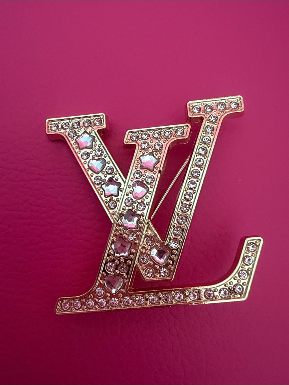 Gold Crystal fashion Logo Brooch - Pink Crystal Accents